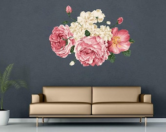 Floral Wall Decal – Vintage Rose & Peony Vinyl Sticker, Elegant Botanical Removable Decor Living Room, Bedroom or Beauty Studio cik2264