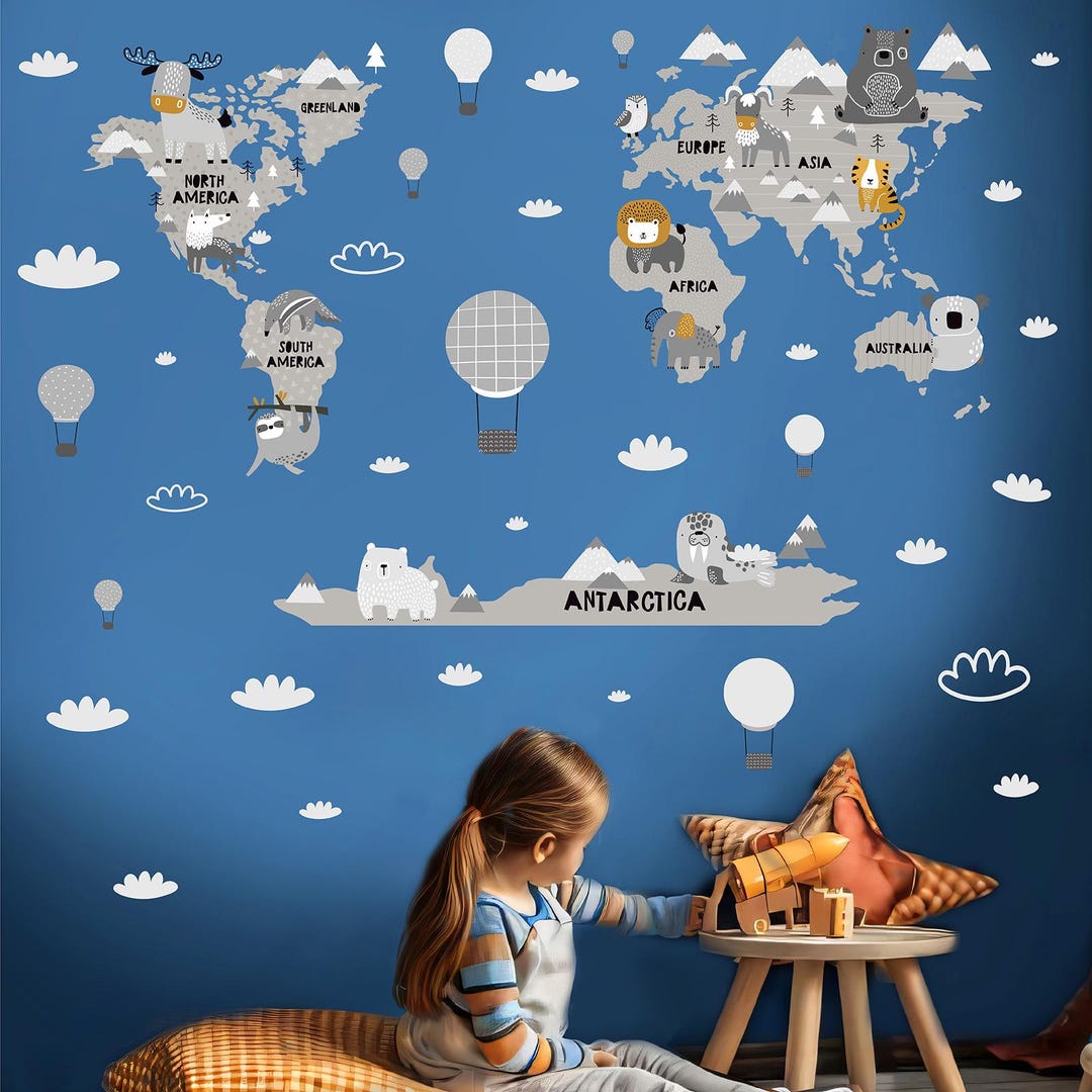 Animal World Map Wall Decal Scandinavian Decor Kids Stickers El13 - Etsy