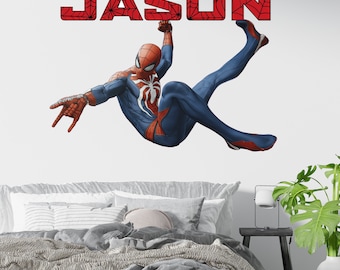 Calcomanía de pared personalizada de Spiderman, pegatina con nombre personalizado de superhéroe, decoración para sala de juegos, regalo z3010