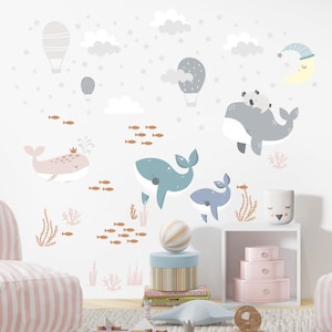 Watercolor Whale Wall Decals Set - Kids Bathroom Stickers, Ocean Nursery Decor, Removable Sea Animal Wall Art ek21