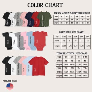 May include: A colour chart displaying t-shirt colours and size charts for unisex adult, baby body, and toddler-youth sizes. Colours include black, white, athletic heather, pink, navy, red, and military green. The image also includes the text "PRODUCED IN USA".