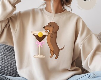 Dachshund Pickleball Cocktail Sweatshirt, Cute Wiener Dog With Martini Glass, Funny Dog Mom Gift, Unisex Cozy Cream Crewneck