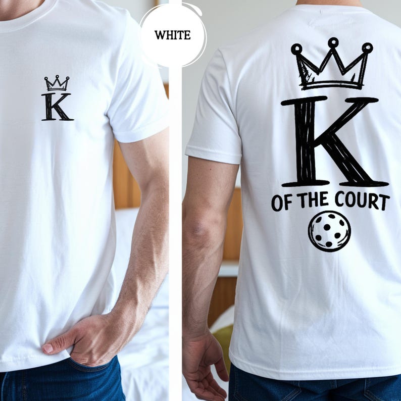 May include: White t-shirt with a black crown and the letter "K" printed on the front. The back of the shirt features a crown, the letter "K", the text "OF THE COURT", and a pickleball graphic.