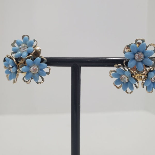 Vintage 1960's Rhinestone & Blue Daisy Clip Earrings Mod