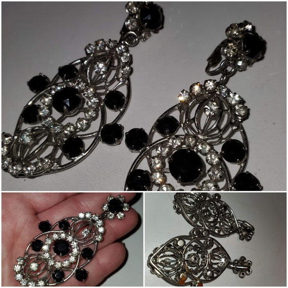 Vintage 1950's Onyx & Rhinestone Bombshell Earrin… - image 1