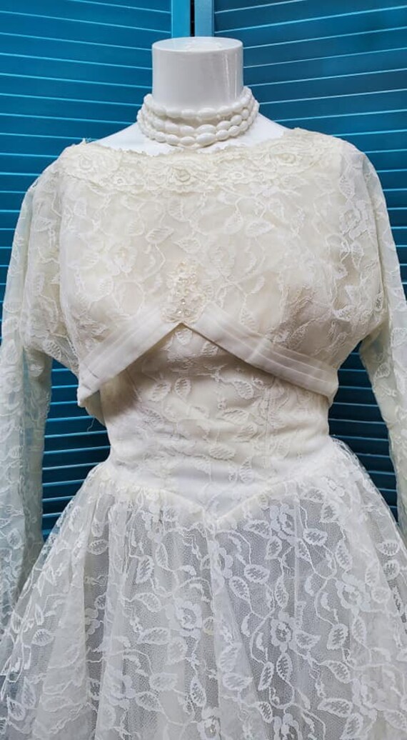 50’s Tea Length Lace & Satin Wedding Dress Vintage