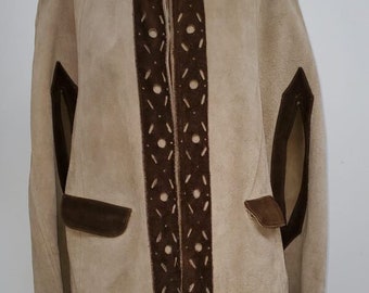 vintage fantastique gilet en daim hippie beige et marron foncé des années 1970