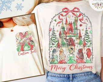 Two-sided Disney Princess Christmas Shirt, Coquette Bow Castle Cinderella Belle Princess Very Merry Christmas Party, Disney Girl Trip Xmas