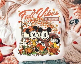 Retro Mickey Minnie Fall Vibes on Main Street Disney Thanksgiving Shirt, Autumn Leaves Pumpkin Spice Spooky Season Shirt, Disney Halloween
