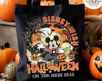 All Characters Mickey and Friends Halloween on the High Seas Disney Cruise Canvas Tote Bag, Disney Halloween Trick or Treat Kids Candy Bag