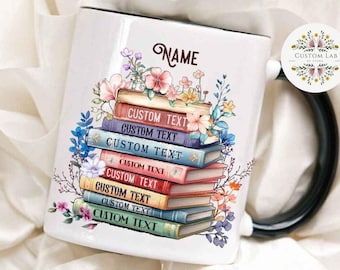 Personalized Floral Book Mug, Custom Book Titles Librarian Bookworm Coffee Mug, Back To School Teacher Gift, Favorite Bookshelf, Book Lovers
