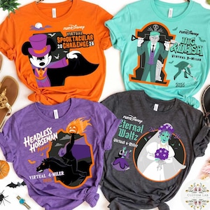 May include: Four short-sleeve t-shirts in orange, light green, purple, and dark gray. The orange shirt features Mickey Mouse as a vampire. The light green shirt shows a character with a shovel. The purple shirt depicts the Headless Horseman. The dark gray shirt displays a bride character.