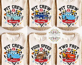 Personalized Two Fast Pit Crew Disney Cars Birthday Shirt, Lightning McQueen Mater Doc Hudson Sally Carrera Cars Land Family Birthday Party