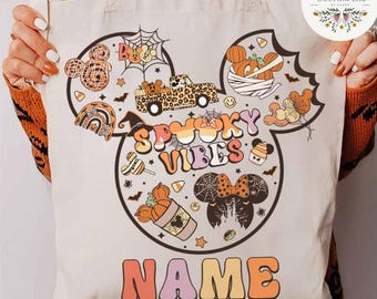 Personalized Mickey Minnie Pumpkin Spooky Vibes Disney Halloween Canvas Tote Bag, Mickey's Not So Scary Halloween Party 2025, Kids Candy Bag