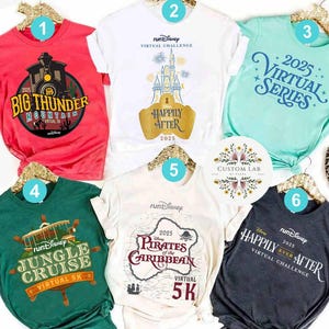 May include: Six different t-shirts featuring various Disney characters and themes. The shirts are all white, red, green, blue, cream, and gray. The shirts have the text "runDisney" and "2025" on them. The shirts are all for a virtual 5k race.