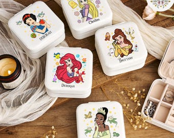 Personalized Disney Princess Jewelry Box, Cinderella Belle Rapunzel Disney Girl Trip Accessory Box, Birthday Girl Jewelry Storage Organizer