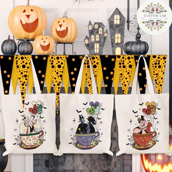 Disney Villains Teacup Halloween Canvas Tote Bag, Maleficent Evil Queen Oogie Boogie Bash Disney Halloween Bag, Trick or Treat Kid Candy Bag