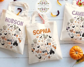 Personalized Mickey Minnie Mummy Spooky Vibes Disney Halloween Canvas Tote Bag, Mickey's Not So Scary Halloween Party 2024, Kids Candy Bag