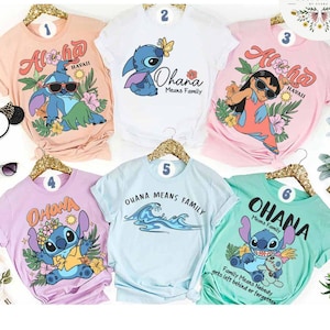 May include: Collection of six colorful t-shirts featuring the character Stitch from Lilo & Stitch. Designs include Stitch with sunglasses, floral accents, and the phrases "Aloha Hawaii" and "Ohana Means Family".