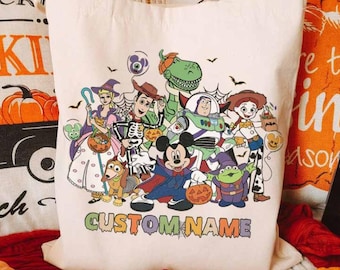 Personalized Disney Toy Story Halloween Canvas Tote Bag, Mickey's Not So Scary Halloween Party Bag, Buzz Woody Trick or Treat Kids Candy Bag