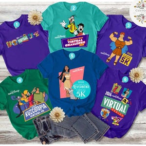 May include: A collection of six colorful t-shirts with various Disney character graphics. The shirts are in shades of purple, teal, green, and blue. Each shirt features text related to a virtual 5K run.