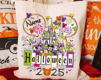 Personalized Mickey and Friends Castle Disney Halloween Canvas Tote Bag, Mickey's Not So Scary Halloween Party, Trick or Treat Kid Candy Bag