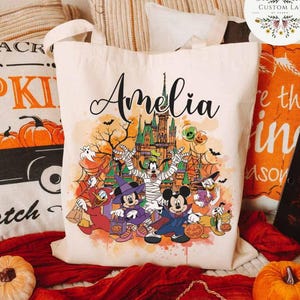 Personalized Mickey and Friends Castle Disney Halloween Canvas Tote Bag, Mickey&#39;s Not So Scary Halloween Party Trick or Treat Kids Candy Bag