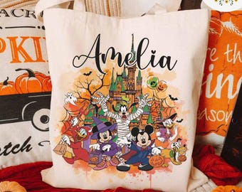 Personalized Mickey and Friends Castle Disney Halloween Canvas Tote Bag, Mickey's Not So Scary Halloween Party Trick or Treat Kids Candy Bag