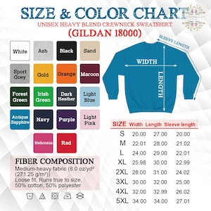 Pu&ograve; includere: Una tabella delle taglie e dei colori per una felpa girocollo unisex in misto pesante. La tabella include una tavolozza di colori con opzioni come bianco, nero e blu navy. Le misure sono fornite in cm per larghezza, lunghezza e lunghezza delle maniche.