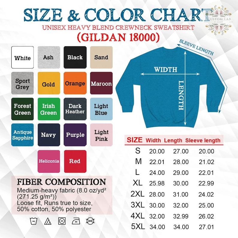 Pu&ograve; includere: Una tabella delle taglie e dei colori per una felpa girocollo unisex in misto pesante. La tabella include una tavolozza di colori con opzioni come bianco, nero e blu navy. Le misure sono fornite in cm per larghezza, lunghezza e lunghezza delle maniche.