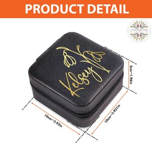 May include: Black jewelry box with gold floral design and the name "Kelsey". The box is 3.93 inches long, 3.93 inches wide, and 1.96 inches tall. The text "PRODUCT DETAIL" is at the top.