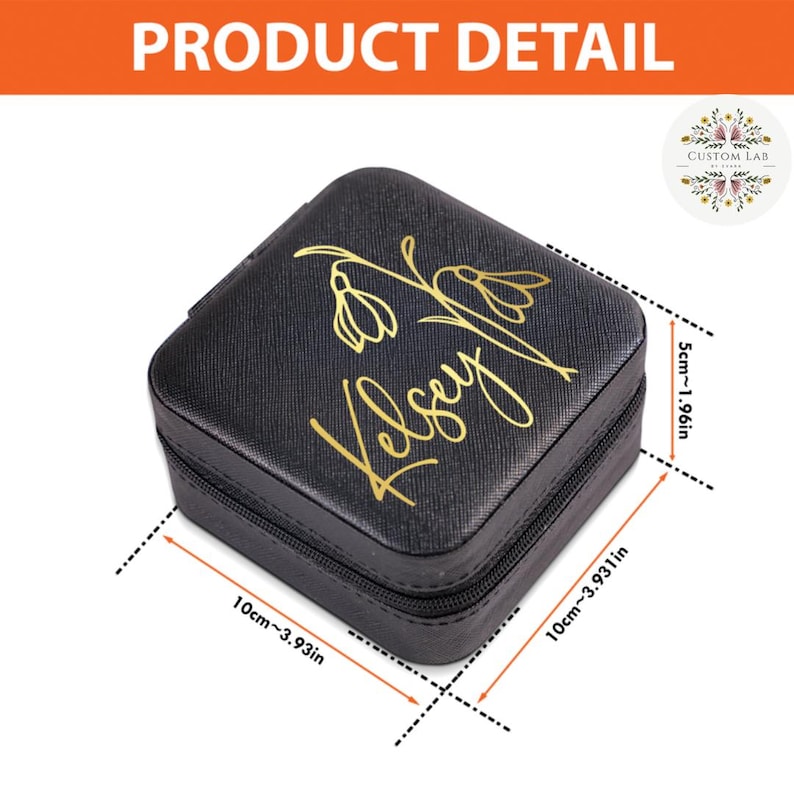 May include: Black jewelry box with gold floral design and the name "Kelsey". The box is 3.93 inches long, 3.93 inches wide, and 1.96 inches tall. The text "PRODUCT DETAIL" is at the top.
