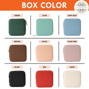May include: Image showcasing a variety of square, zippered cases in different colors. The colors include green, cyan, light blue, brown, khaki, taupe pink, black, red, and white. The text "BOX COLOR" is at the top.