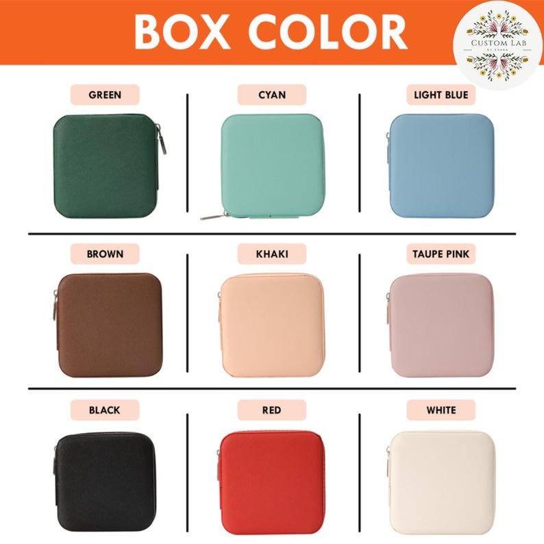 May include: Image showcasing a variety of square, zippered cases in different colors. The colors include green, cyan, light blue, brown, khaki, taupe pink, black, red, and white. The text "BOX COLOR" is at the top.