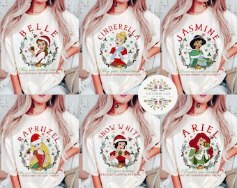 Floral Disney Princess Christmas Shirt, Disney Girl Trip Very Merry Christmas, WDW Disneyland Holiday Family Xmas Princess Birthday Girl Tee