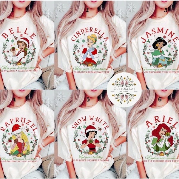 Floral Disney Princess Christmas Shirt, Disney Girl Trip Very Merry Christmas, WDW Disneyland Holiday Family Xmas Princess Birthday Girl Tee