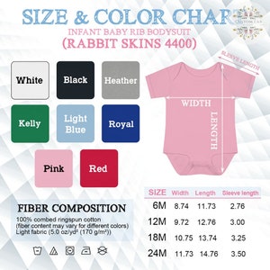 Pu&ograve; includere: Tabella delle taglie e dei colori per un body a coste per neonati. La tabella include campioni di colore in bianco, nero, heather, verde Kelly, azzurro, blu reale, rosa e rosso. Le misure sono fornite in cm per larghezza, lunghezza e lunghezza manica.