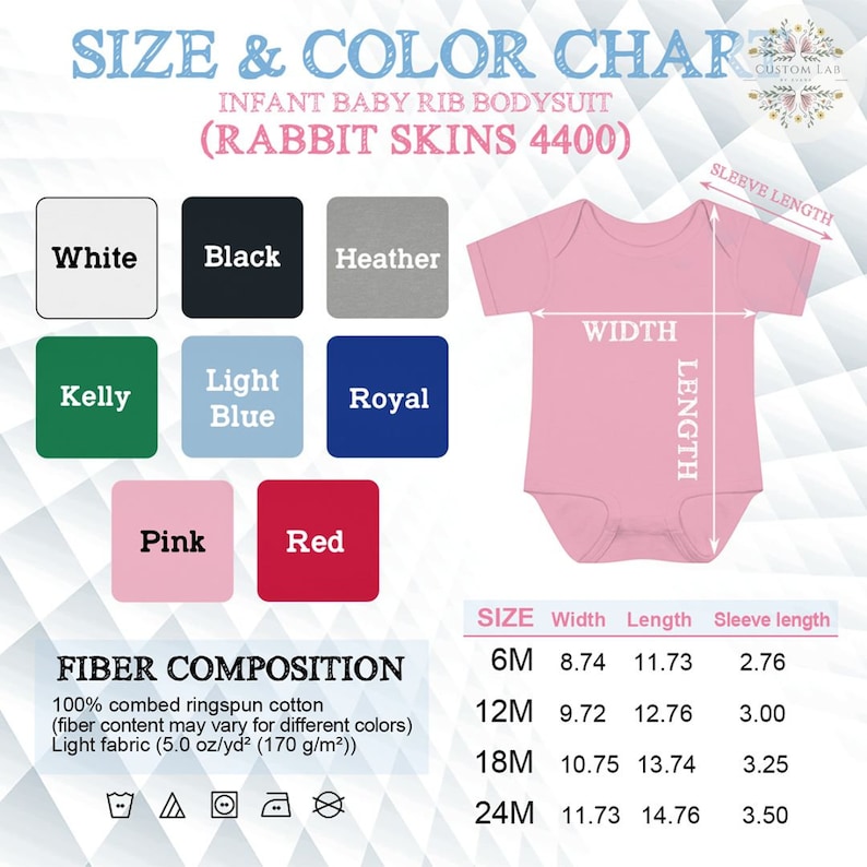 Pu&ograve; includere: Tabella delle taglie e dei colori per un body a coste per neonati. La tabella include campioni di colore in bianco, nero, heather, verde Kelly, azzurro, blu reale, rosa e rosso. Le misure sono fornite in cm per larghezza, lunghezza e lunghezza manica.