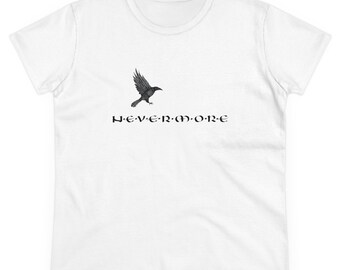 May include: White t-shirt featuring a black raven in flight above the word "NEVERMORE" in a gothic font. The design is centered on the front of the shirt. The shirt has a crew neck and short sleeves.