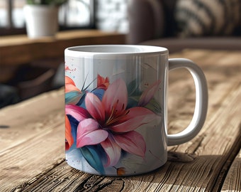 Könnte beinhalten: Weiße Keramiktasse mit einem bunten Blumendesign mit rosa, roten und blauen Lilien. Die Tasse hat einen weißen Henkel.
