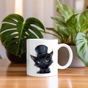 Coffee mug || Anime Cat, Cartoon, Big Eyes, Top Hat || Ceramic Mug (11 oz)