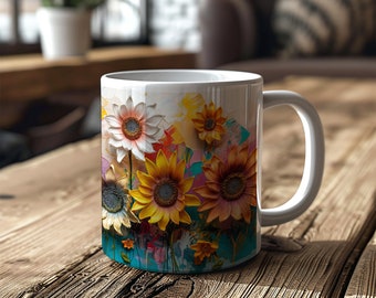 Tazza da caffè // Girasoli, Fiori, Giardino, Estate, Pittura a olio // Tazza in ceramica (11 once)