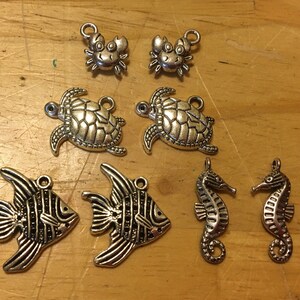 Sea Creature Charm Set, Turtle, Crab, Fish, Seahorse