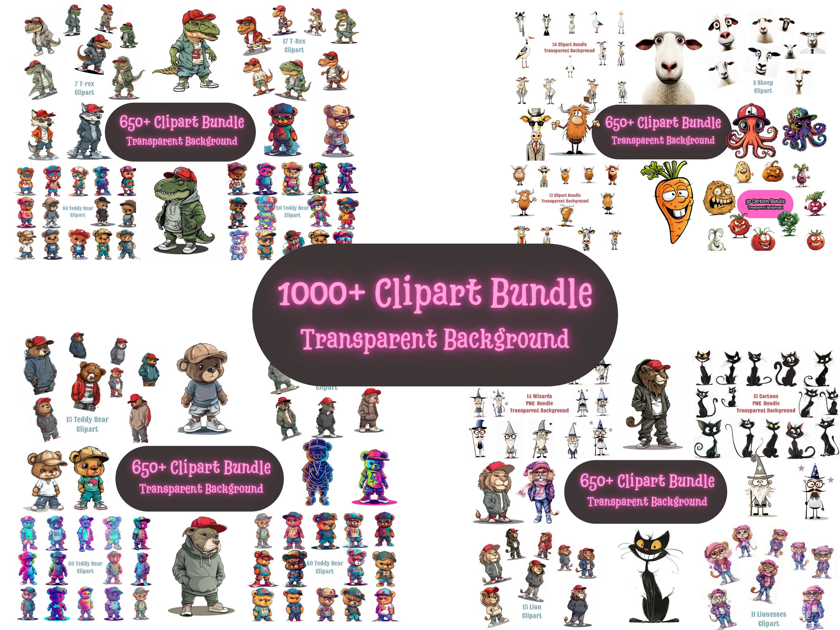 1000 Funny Cartoons Characters and Cute Animals Clipart Bundle With ...