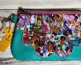 Wristlet Zippered Pouch Encanto Madrigal Magical Family Disney Themed Zip Bag Purse Phone Holder with Candle Charm and Believe Zipper Pull