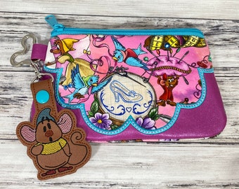 Cinderella and Mice Themed Zippered Pouch Zip Bag Purse Phone Holder Essentials Bag with Gus Mouse Key Fob