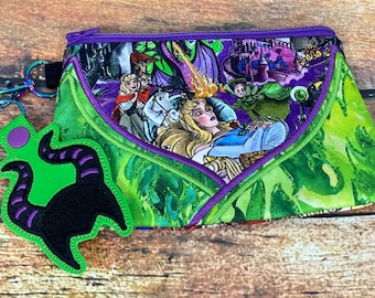 Sleeping Beauty Maleficent Themed Zippered Pouch Zip Bag Purse Phone Holder Essentials Bag with Evil Witch Key Fob