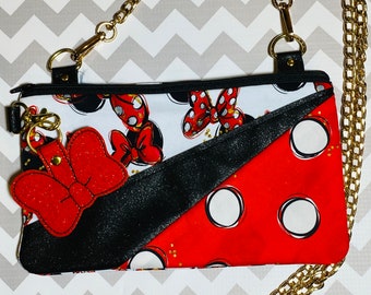 Minnie Mouse Bow Crossbody Detachable Strap Zippered Pouch Dizney Themed Clutch Purse Phone Holder Bow Key Holder Clip On Minnie Fan Gift