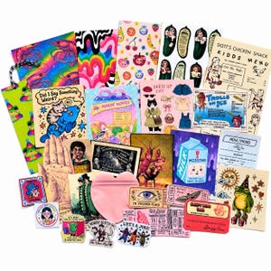 May include: A collection of assorted stickers and paper ephemera featuring diverse illustrations including a cat on a blue fish, a frog in high heels, a milk carton, vintage advertisements, ticket stubs, and colorful patterns on a white background.