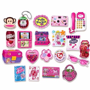 May include: A collection of colorful stickers featuring various nostalgic 1990s and 2000s pop culture items, including a pink Barbie telephone, a Tamagotchi, a Dr. Pepper can, a Polly Pocket house, a handheld gaming console, and a Juicy Couture bag.